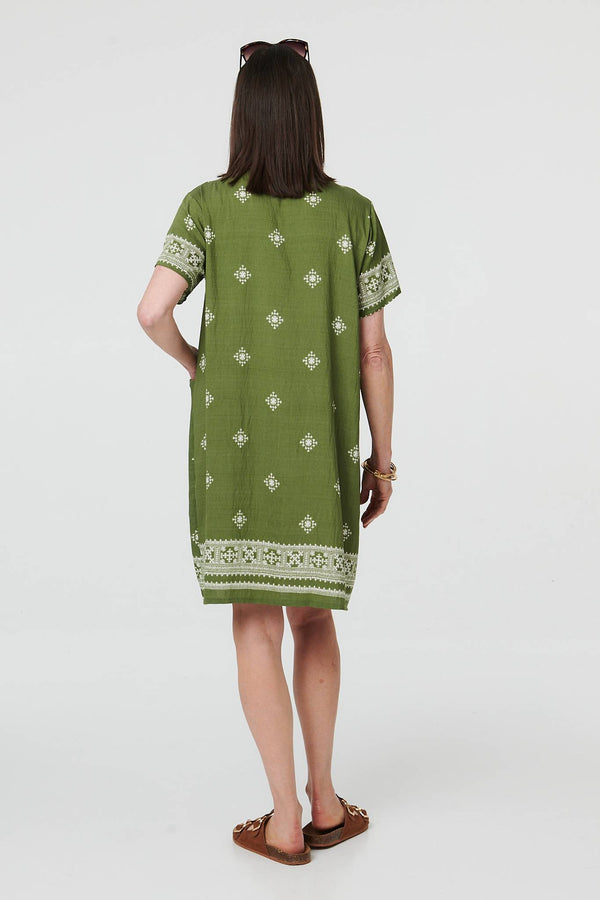 Green | Border Print Knee Length Shift Dress