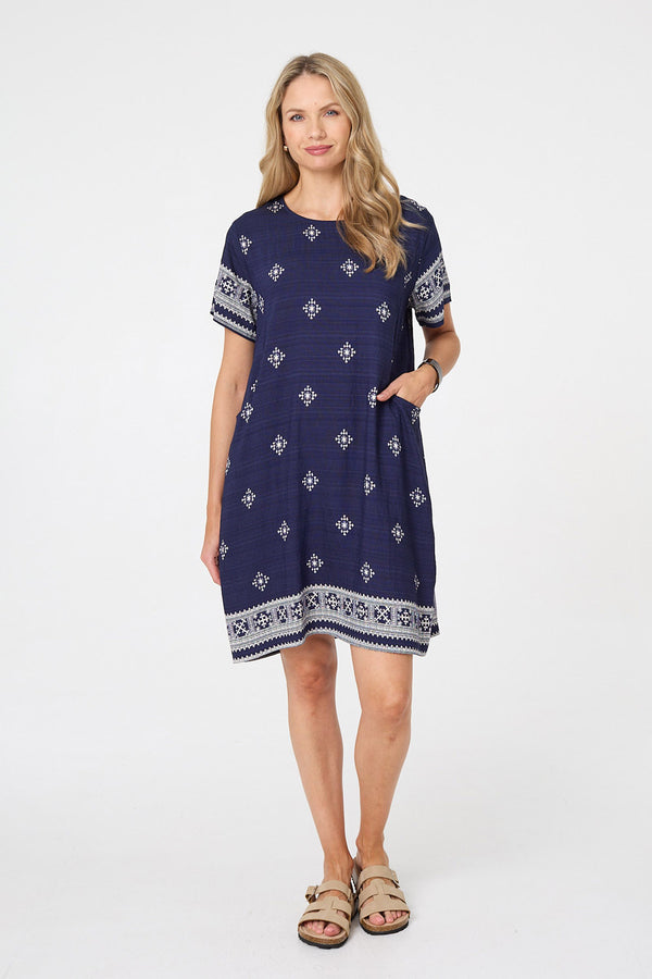 Navy | Border Print Knee Length Shift Dress
