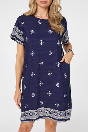 Navy | Border Print Knee Length Shift Dress
