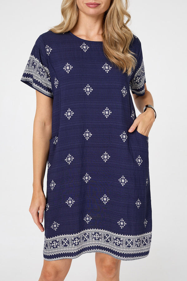 Navy | Border Print Knee Length Shift Dress
