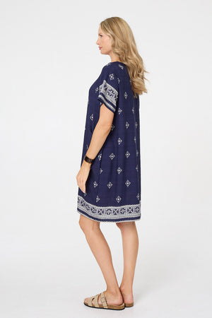 Navy | Border Print Knee Length Shift Dress
