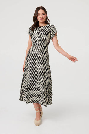 Black | Printed Cap Sleeve Ruched Midi Dress
