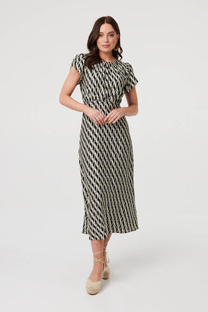 Black | Printed Cap Sleeve Ruched Midi Dress