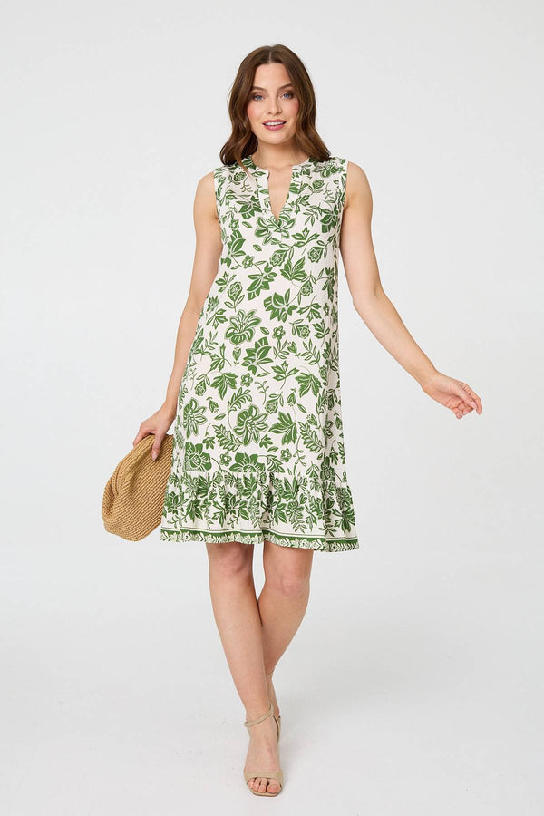 Green | Leaf Print Knee Length Sleeveless Dress