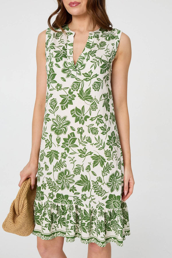 Green | Leaf Print Knee Length Sleeveless Dress