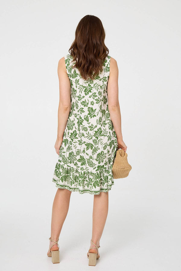 Green | Leaf Print Knee Length Sleeveless Dress