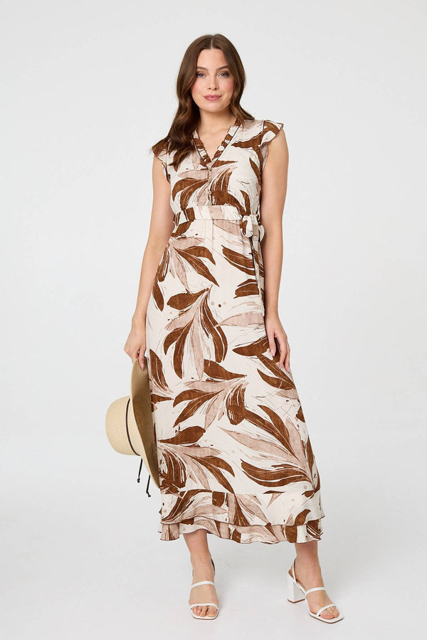 Brown | Leaf Print Layered Tie Waist Maxi Dress