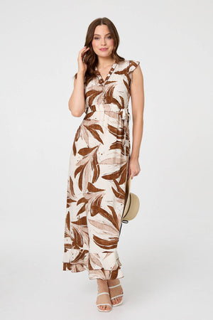 Brown | Leaf Print Layered Tie Waist Maxi Dress