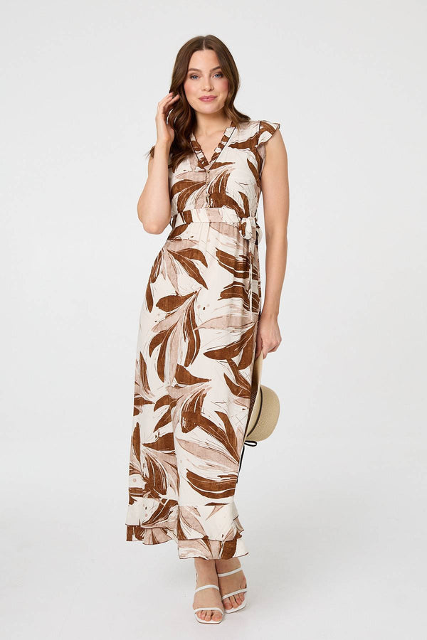 Brown | Leaf Print Layered Tie Waist Maxi Dress