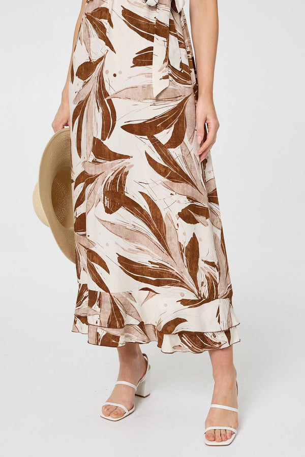Brown | Leaf Print Layered Tie Waist Maxi Dress