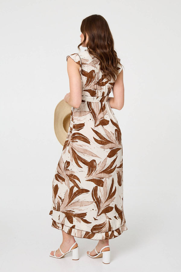 Brown | Leaf Print Layered Tie Waist Maxi Dress