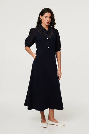 Navy | Embroidered Texture Midi Shirt Dress