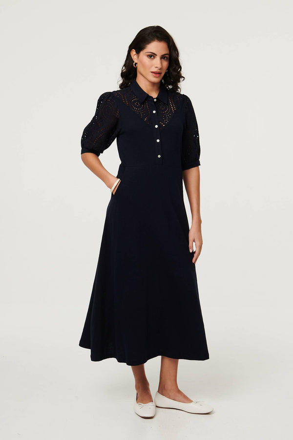Navy | Embroidered Texture Midi Shirt Dress