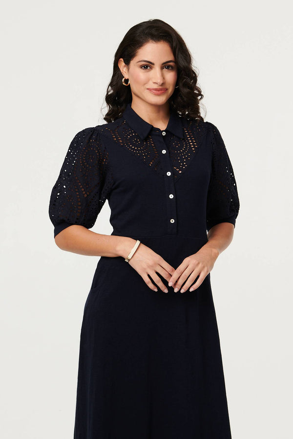 Navy | Embroidered Texture Midi Shirt Dress