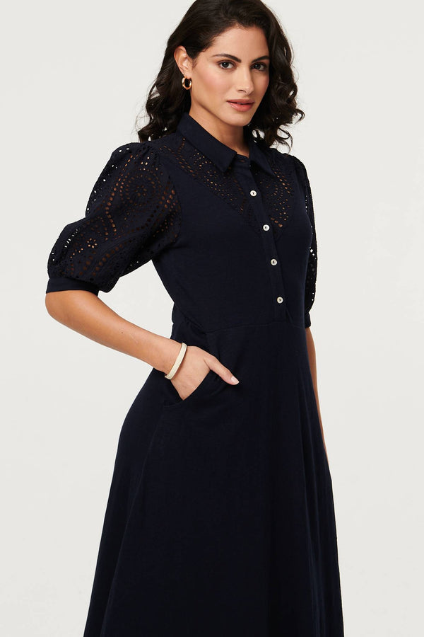 Navy | Embroidered Texture Midi Shirt Dress