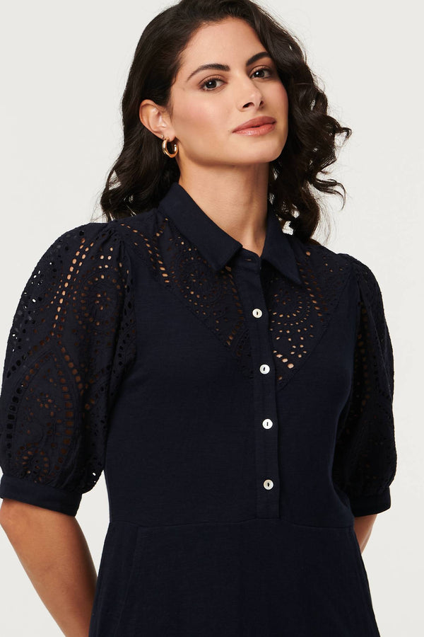 Navy | Embroidered Texture Midi Shirt Dress
