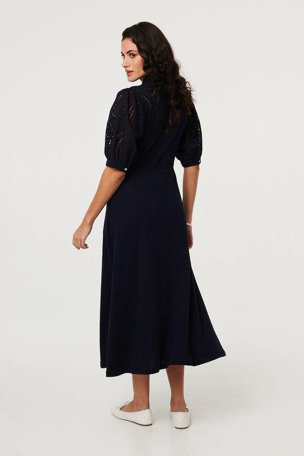 Navy | Embroidered Texture Midi Shirt Dress