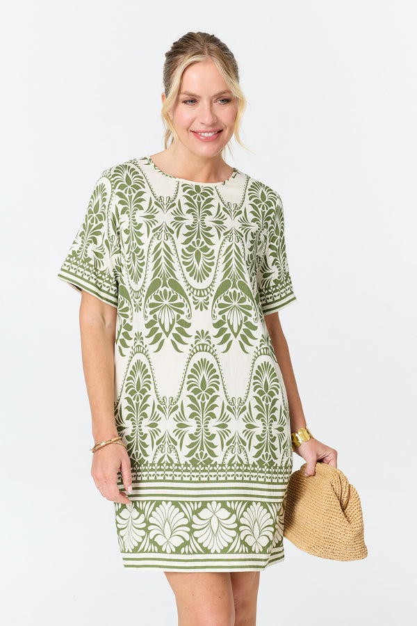 Green | Printed 1/2 Sleeve Short Shift Dress