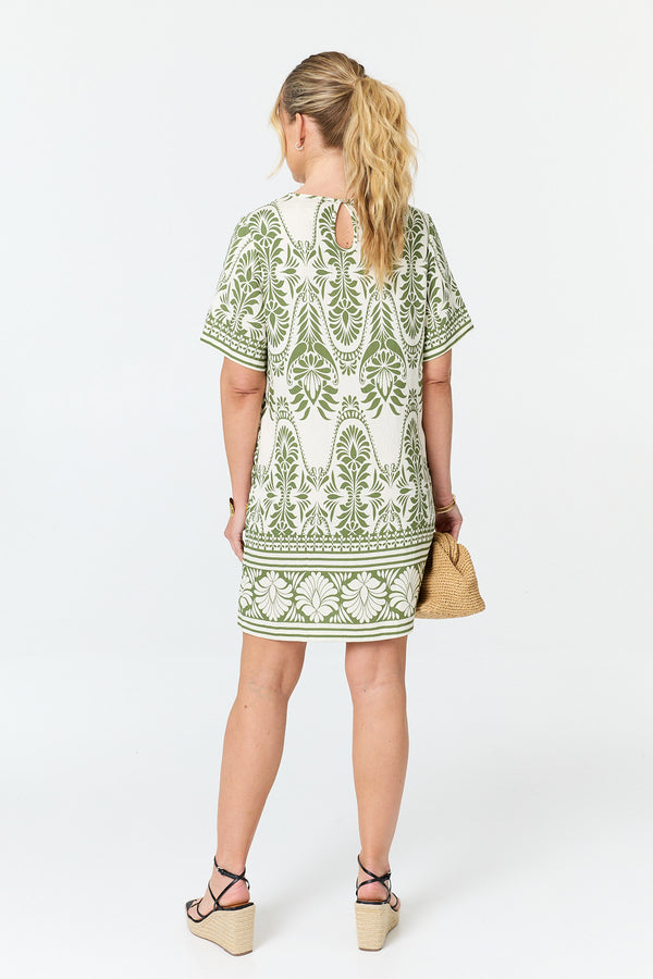 Green | Printed 1/2 Sleeve Short Shift Dress