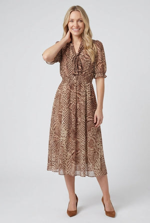 Beige | Printed Mesh 1/2 Puff Sleeve Midi Dress