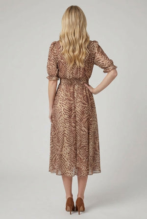 Beige | Printed Mesh 1/2 Puff Sleeve Midi Dress