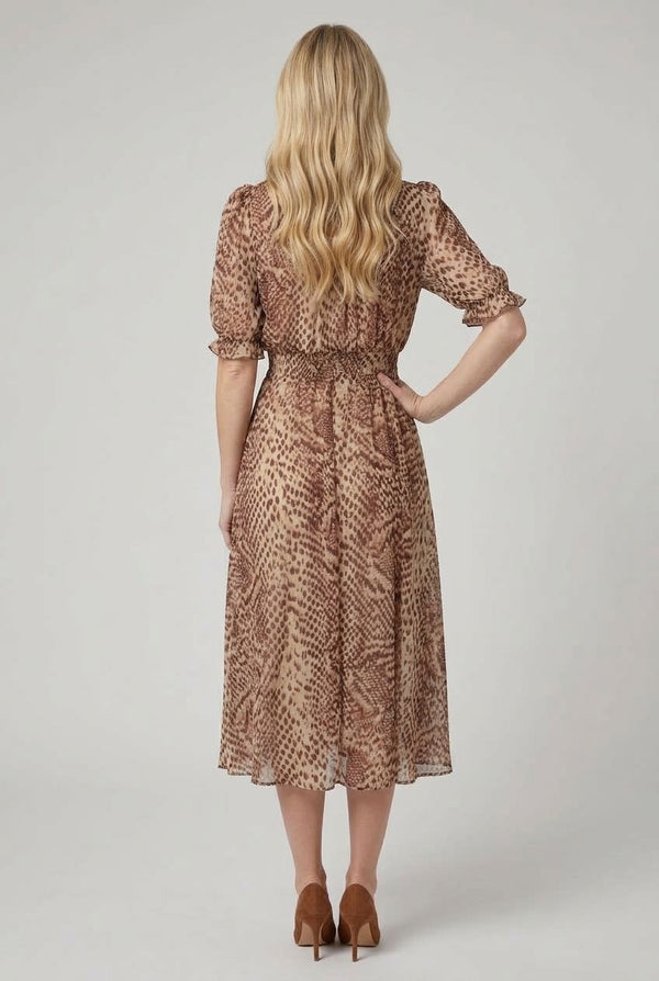 Beige | Printed Mesh 1/2 Puff Sleeve Midi Dress