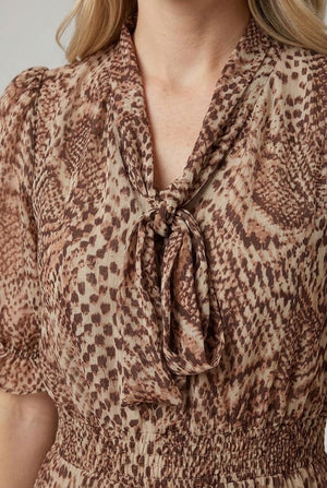 Beige | Printed Mesh 1/2 Puff Sleeve Midi Dress