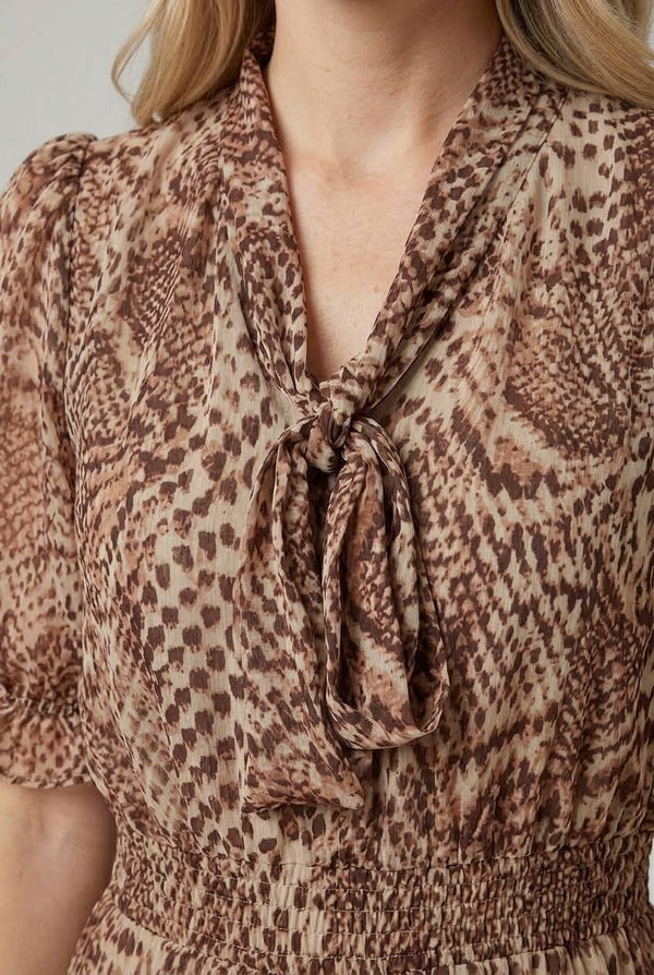 Beige | Printed Mesh 1/2 Puff Sleeve Midi Dress