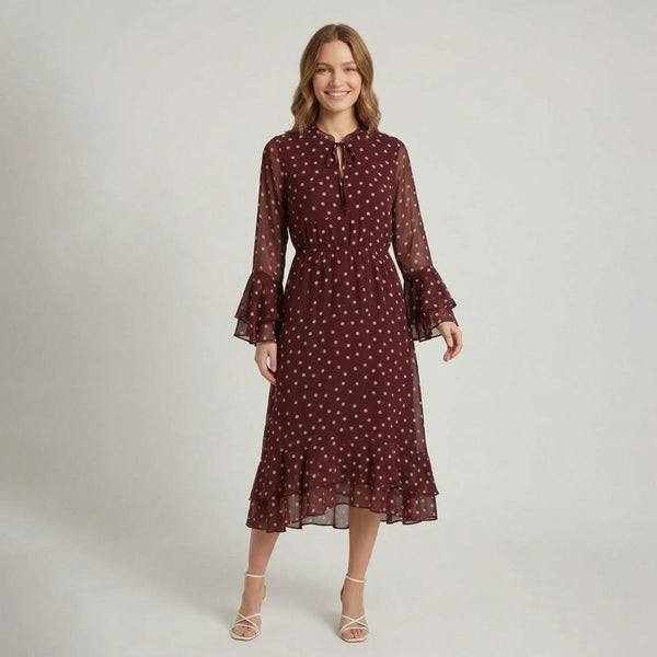 Burgundy | Polka Dot Frilled Semi Sheer Midi Dress