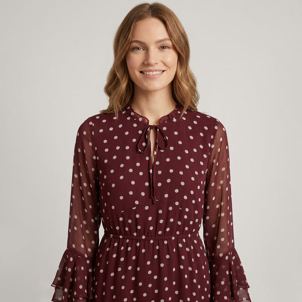 Burgundy | Polka Dot Frilled Semi Sheer Midi Dress