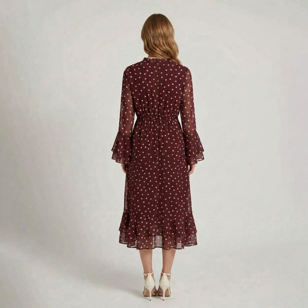 Burgundy | Polka Dot Frilled Semi Sheer Midi Dress