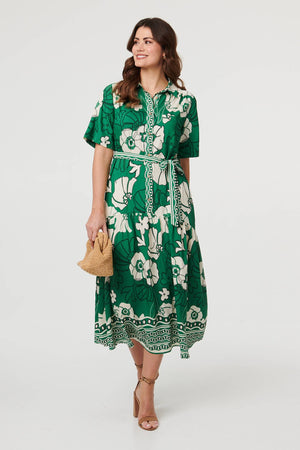 Green | Floral Tie 1/2 Sleeve Maxi Shirt Dress
