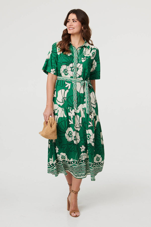 Green | Floral Tie 1/2 Sleeve Maxi Shirt Dress