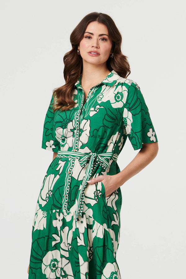Green | Floral Tie 1/2 Sleeve Maxi Shirt Dress