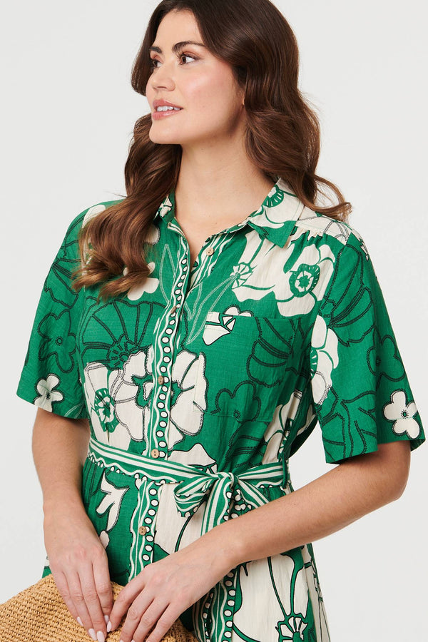 Green | Floral Tie 1/2 Sleeve Maxi Shirt Dress