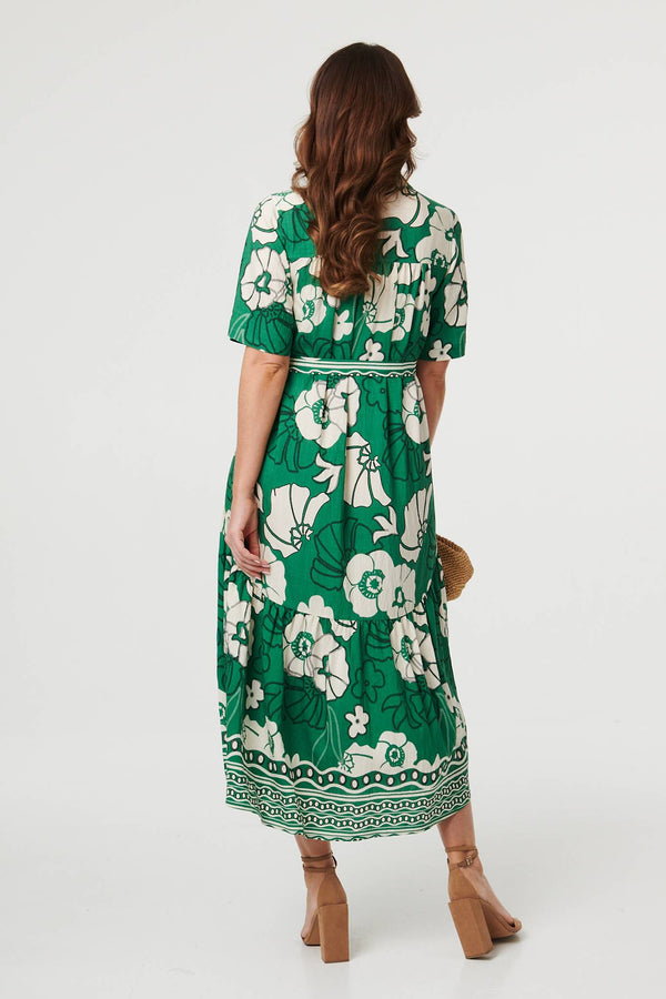 Green | Floral Tie 1/2 Sleeve Maxi Shirt Dress