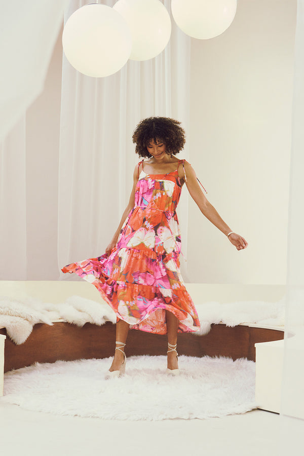 Pink | Floral Tie Strap Tiered Midi Dress : Model is 5'8"/172 cm and wears UK8/EU36/US4/AUS8