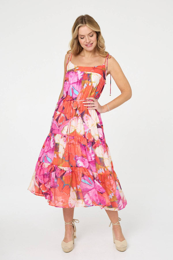 Pink | Floral Tie Strap Tiered Midi Dress