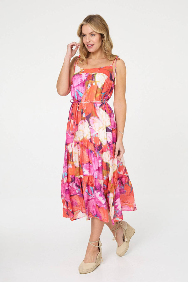 Pink | Floral Tie Strap Tiered Midi Dress