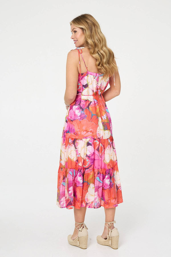 Pink | Floral Tie Strap Tiered Midi Dress