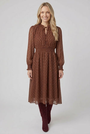 Brown | Printed Layered Long Sleeve Midi Dress