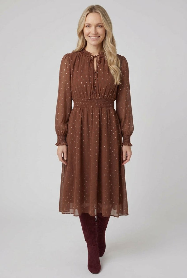 Brown | Printed Layered Long Sleeve Midi Dress