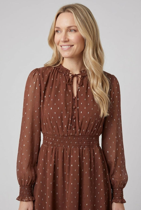 Brown | Printed Layered Long Sleeve Midi Dress