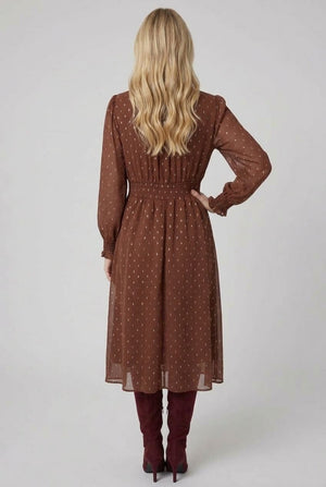 Brown | Printed Layered Long Sleeve Midi Dress