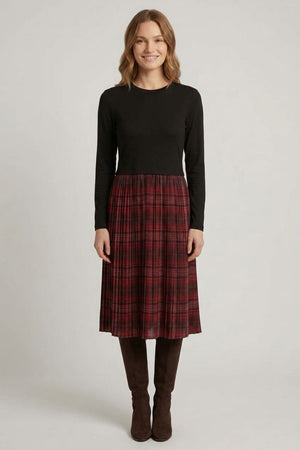 Black | Tartan Print Contrast Texture Midi Dress