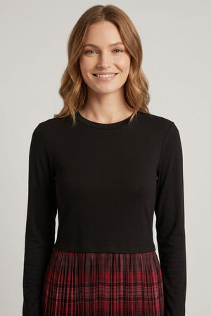 Black | Tartan Print Contrast Texture Midi Dress