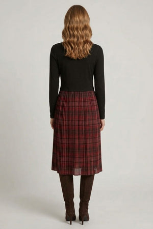 Black | Tartan Print Contrast Texture Midi Dress