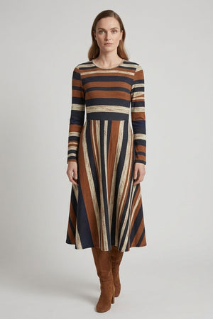 Brown | Striped Long Sleeve A-Line Midi Dress
