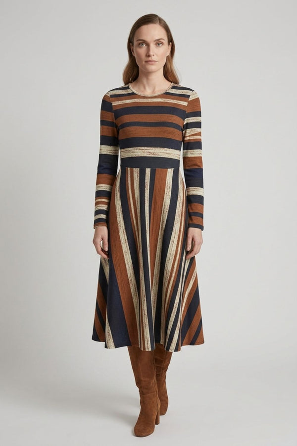 Brown | Striped Long Sleeve A-Line Midi Dress