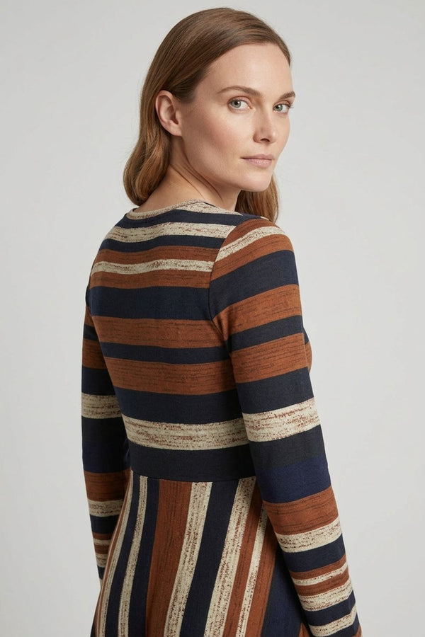 Brown | Striped Long Sleeve A-Line Midi Dress